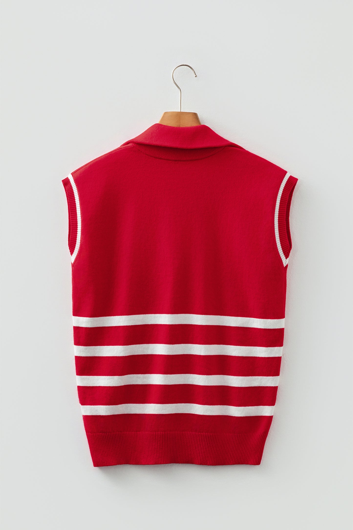 Fiery Red Quarter Zip Striped Detail Short Sleeve Sweater-Sweaters & Cardigans/Short Sleeve Sweaters-[Adult]-[Female]-2022 Online Blue Zone Planet