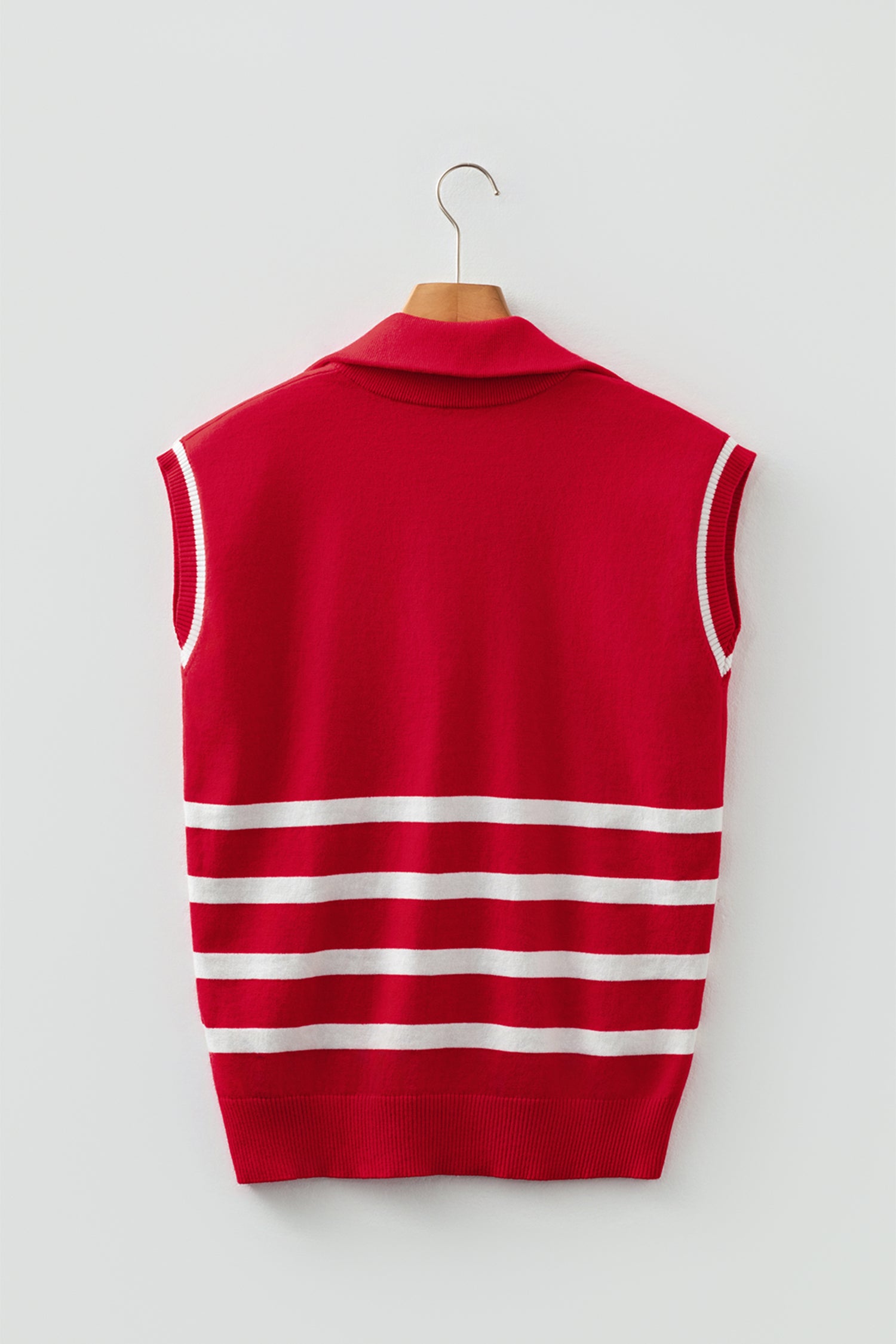 Fiery Red Quarter Zip Striped Detail Short Sleeve Sweater-Sweaters & Cardigans/Short Sleeve Sweaters-[Adult]-[Female]-2022 Online Blue Zone Planet
