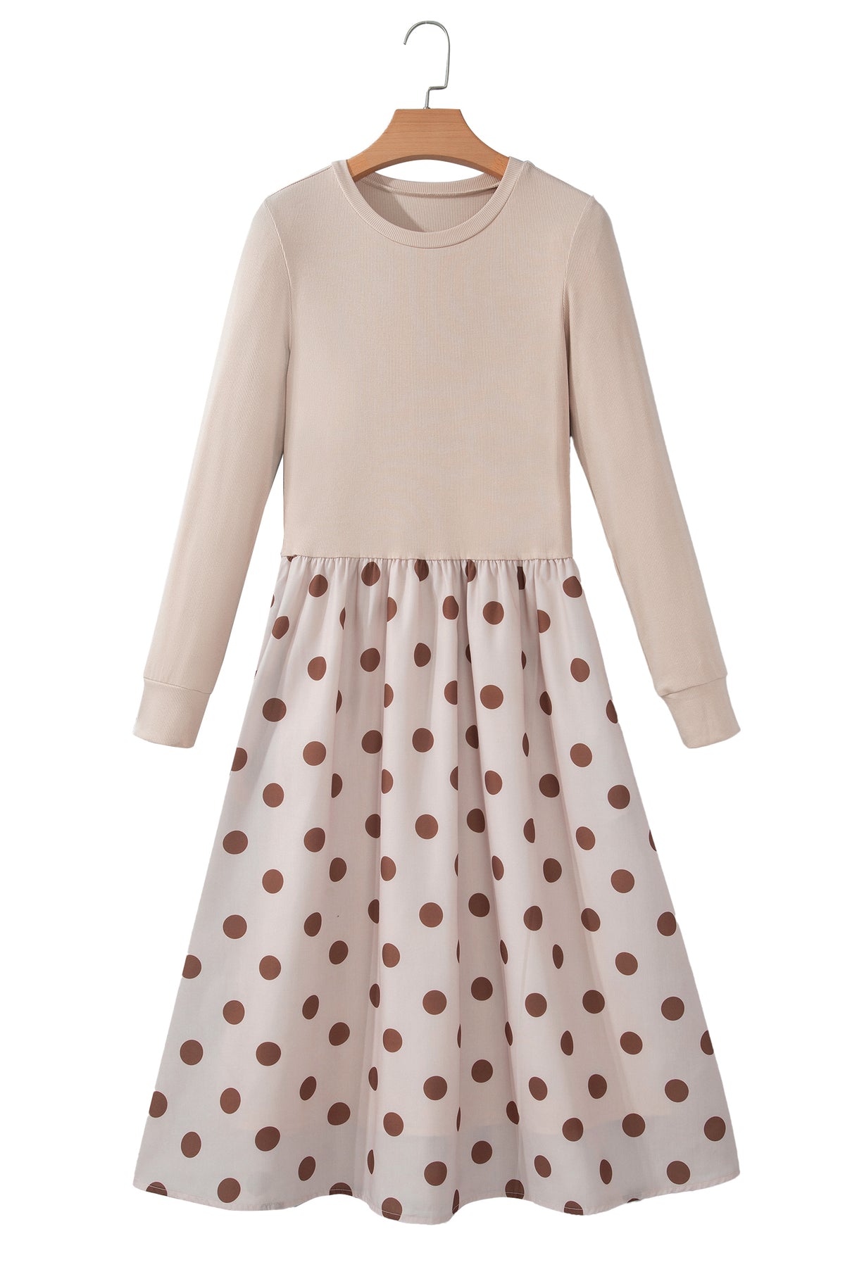 Beige Polka Dot Midi Long Sleeve Dress-TOPS / DRESSES-[Adult]-[Female]-2022 Online Blue Zone Planet