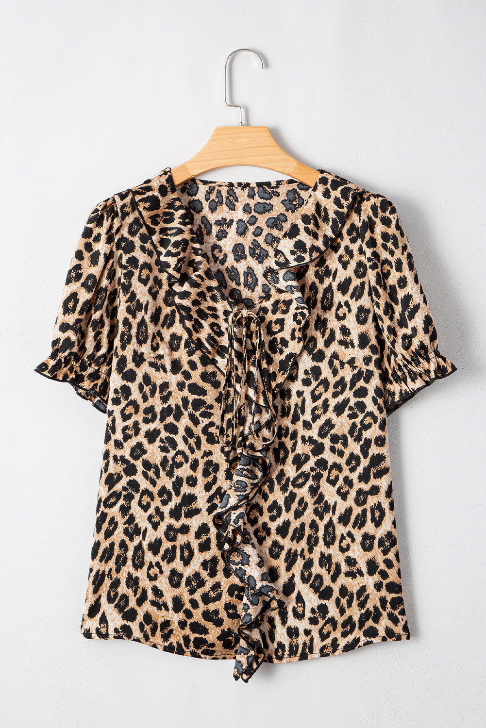 Khaki Leopard Ruffled Neck Cascading Puff Short Sleeve Top-Tops/Blouses & Shirts-[Adult]-[Female]-2022 Online Blue Zone Planet