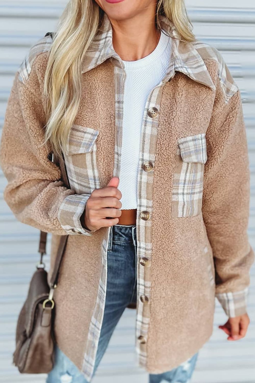 Blue Zone Planet | Pocketed Plaid Collared Neck Sherpa Jacket-TOPS / DRESSES-[Adult]-[Female]-Tan-S-2022 Online Blue Zone Planet