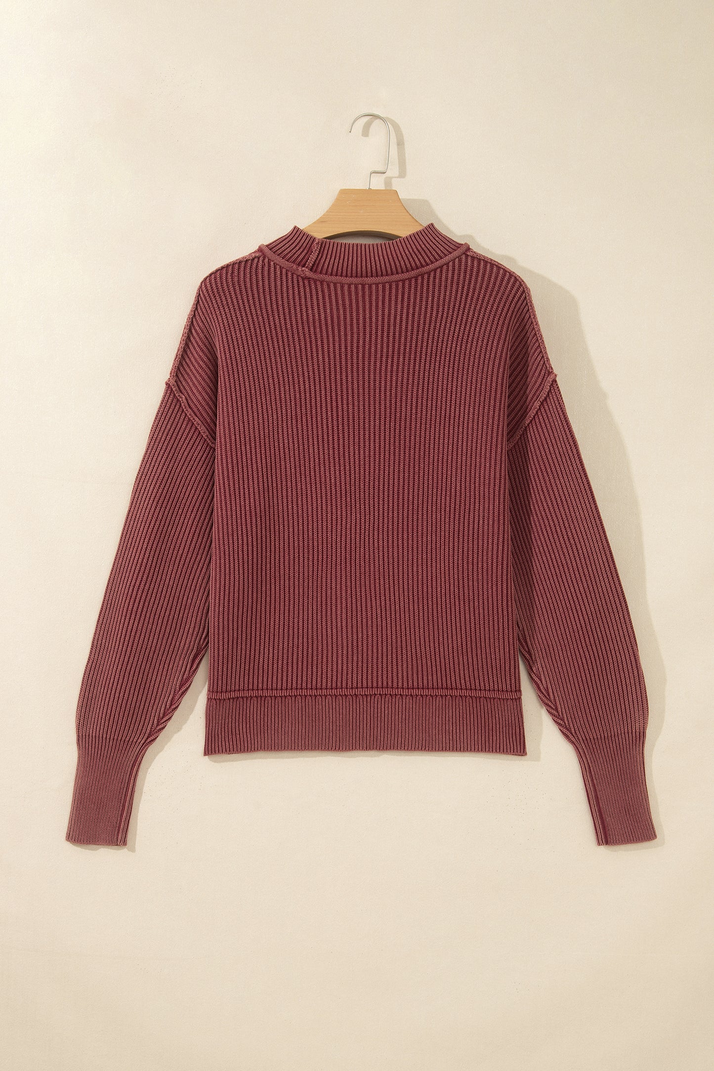 Red Dahlia Drop Shoulder High Neck Ribbed Sweater-Sweaters & Cardigans/Sweaters-[Adult]-[Female]-2022 Online Blue Zone Planet