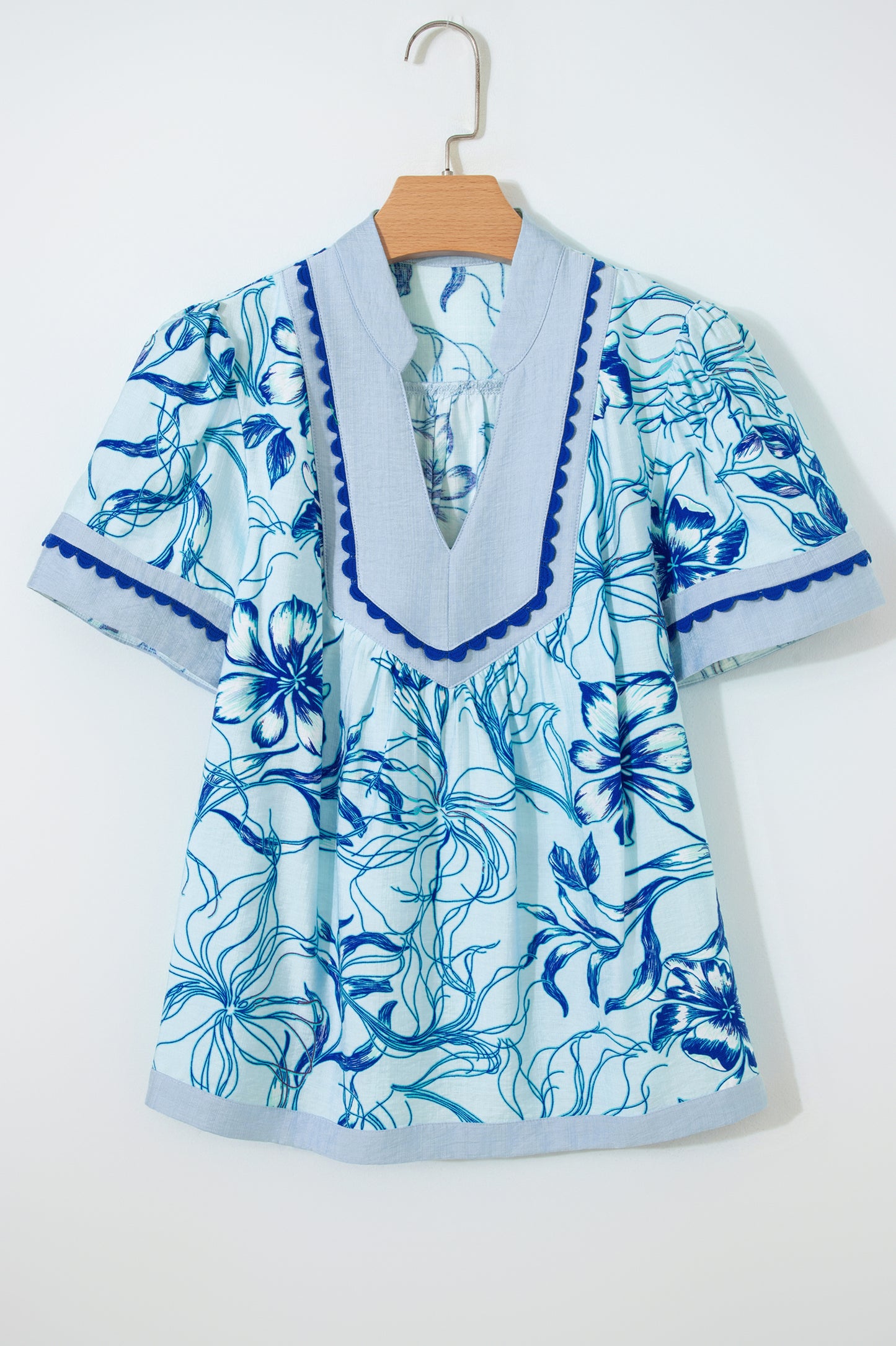 Sky Blue Ricrac Trim Slit V Neck Short Sleeve Floral Blouse-Tops/Blouses & Shirts-[Adult]-[Female]-2022 Online Blue Zone Planet