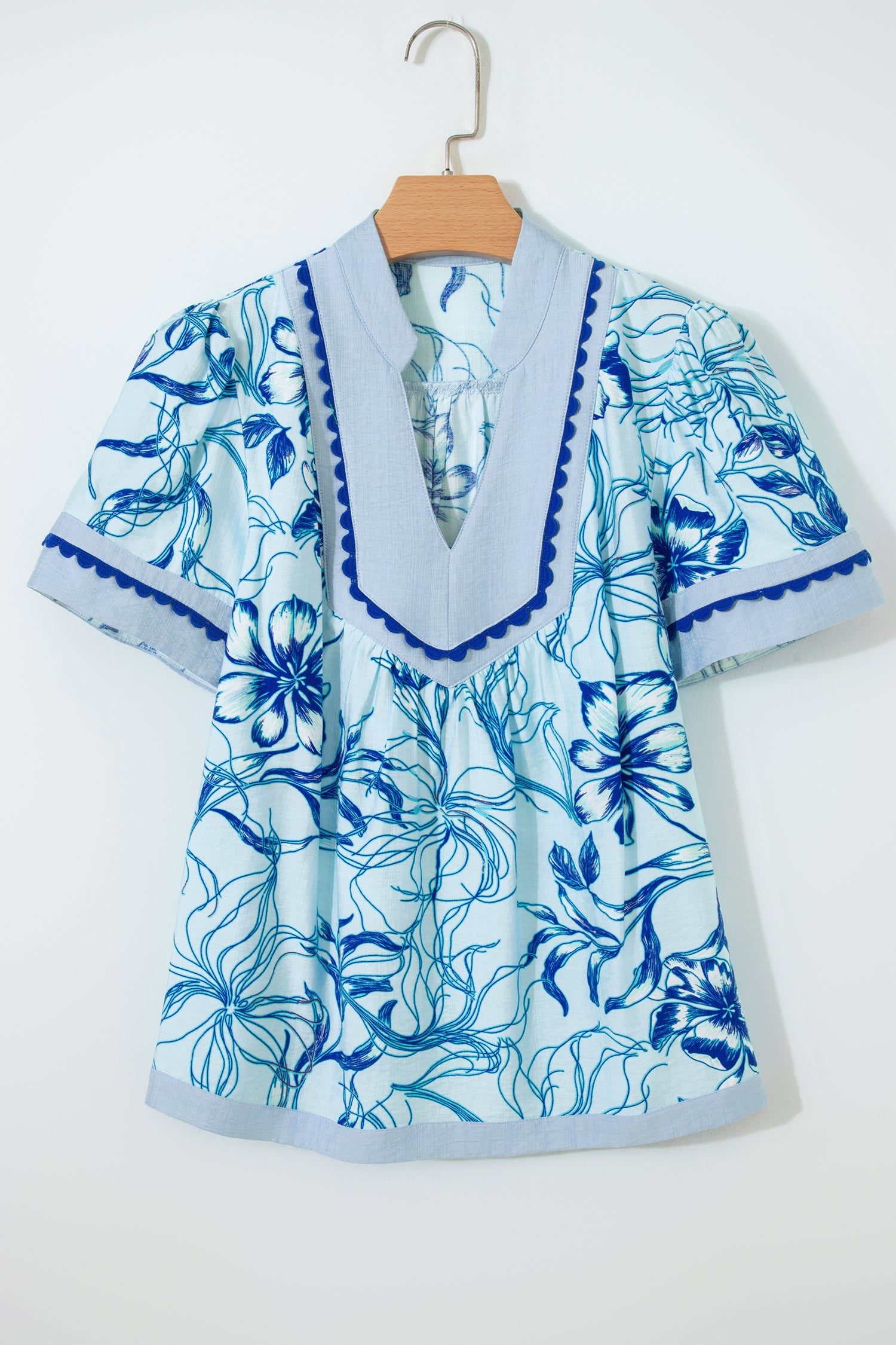 Sky Blue Ricrac Trim Slit V Neck Short Sleeve Floral Blouse-Tops/Blouses & Shirts-[Adult]-[Female]-2022 Online Blue Zone Planet