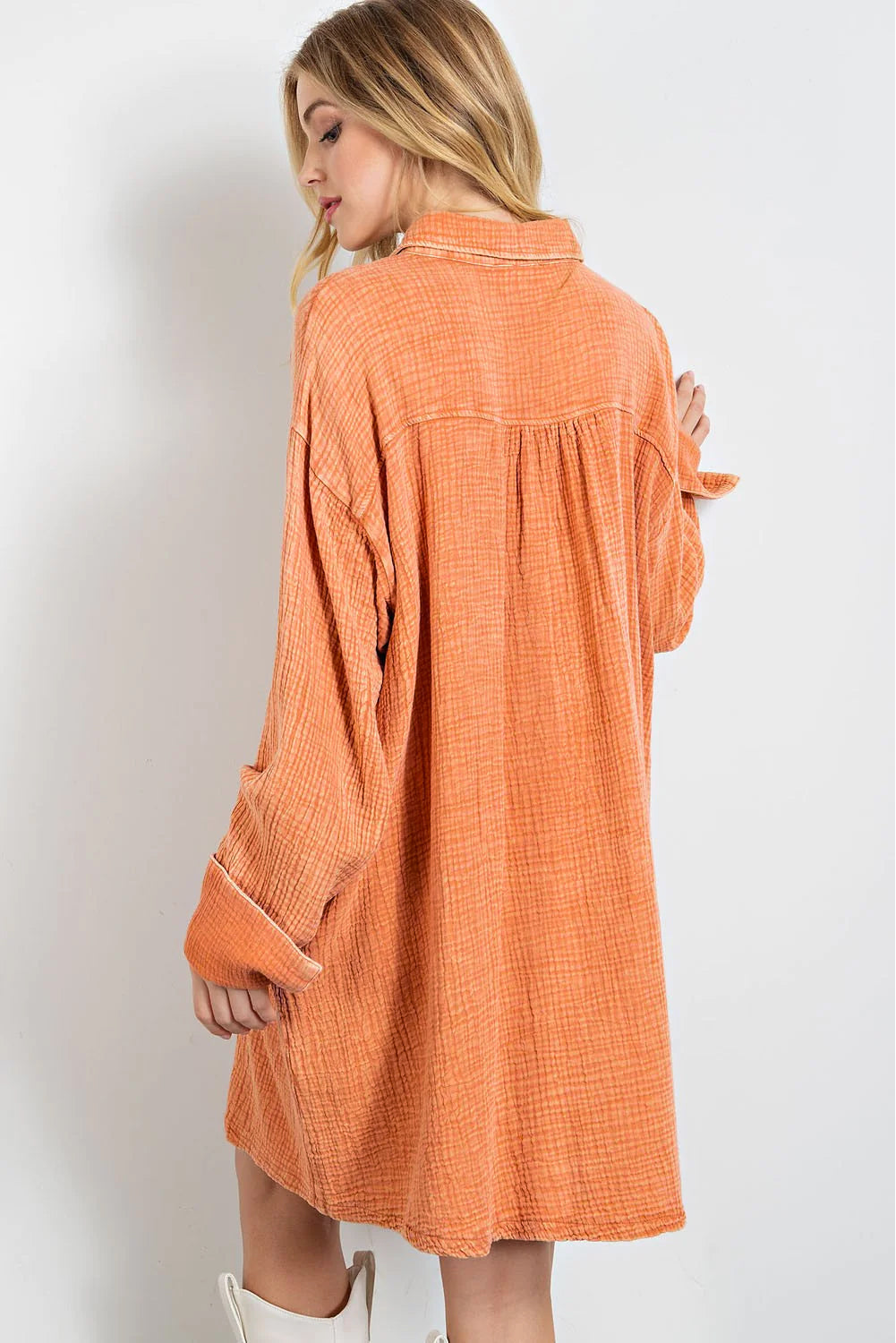 Orange Crinkled Dual Chest Pocket Oversized Shirt Dress-TOPS / DRESSES-[Adult]-[Female]-2022 Online Blue Zone Planet