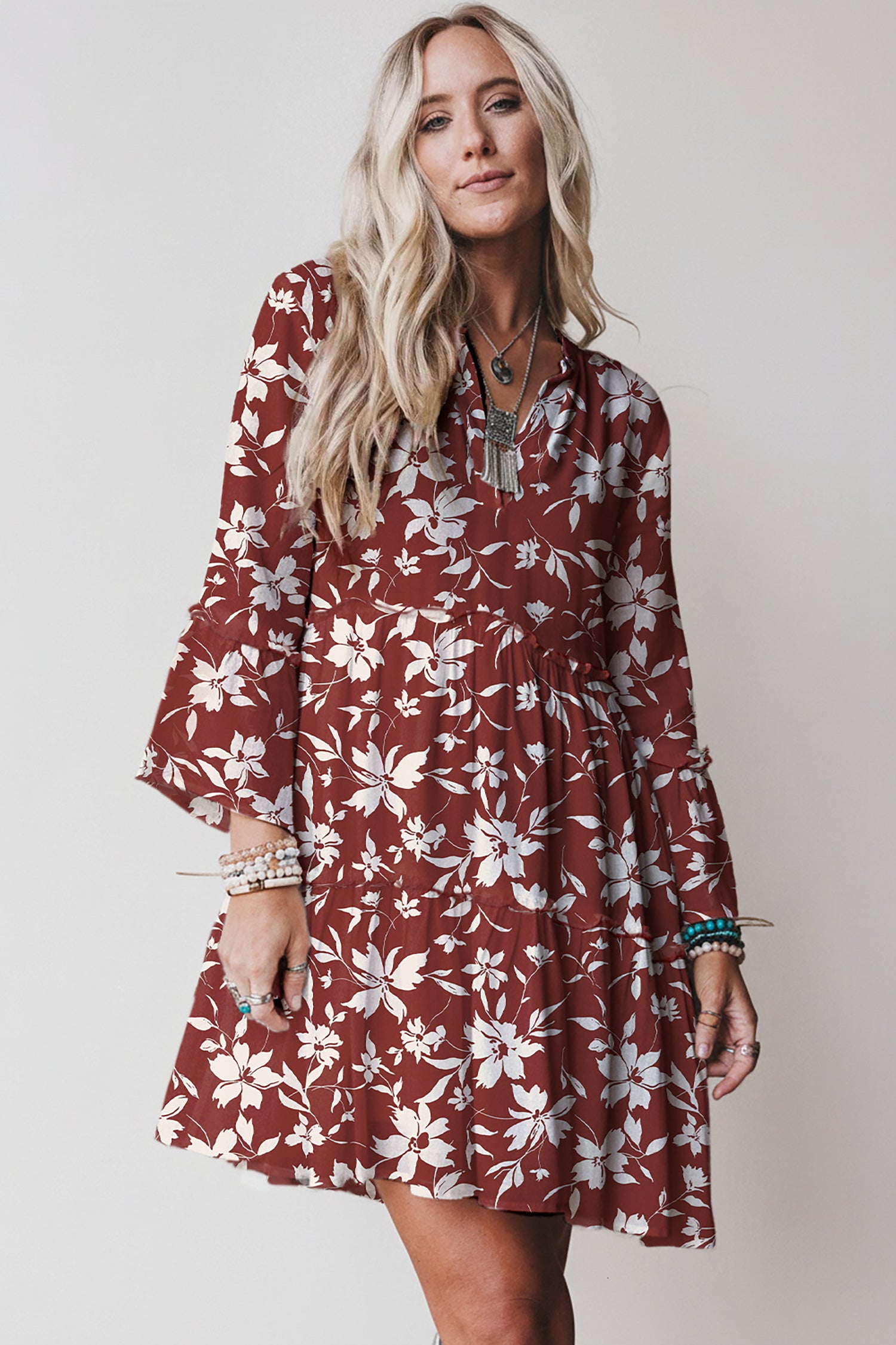 Red Boho Floral Print Lettuce Trim 3/4 Sleeve Mini Dress-TOPS / DRESSES-[Adult]-[Female]-2022 Online Blue Zone Planet