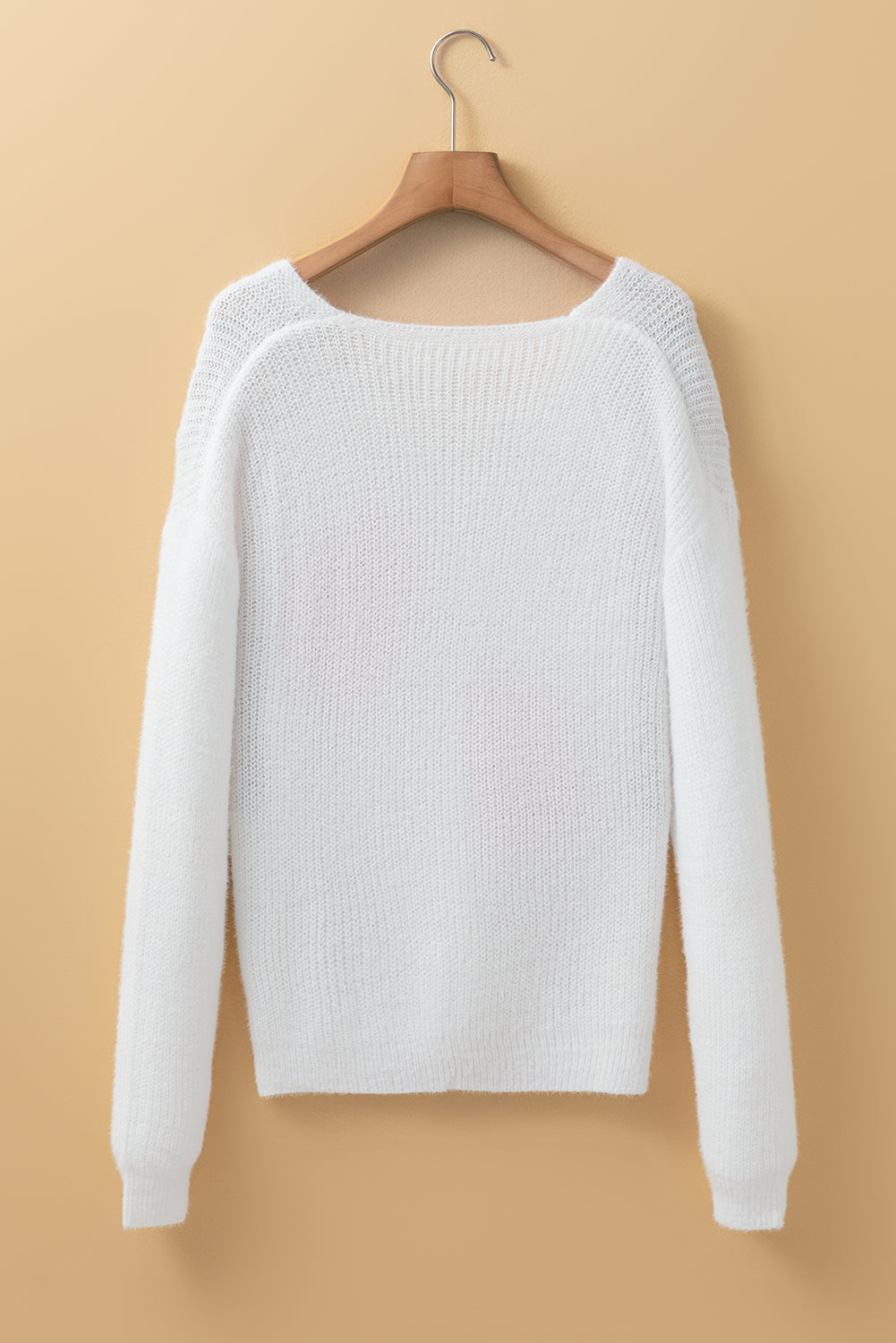 Blue Zone Planet | White Pearl Beaded Heart Pattern Fuzzy V Neck Sweater-Sweaters & Cardigans/Sweaters-[Adult]-[Female]-2022 Online Blue Zone Planet