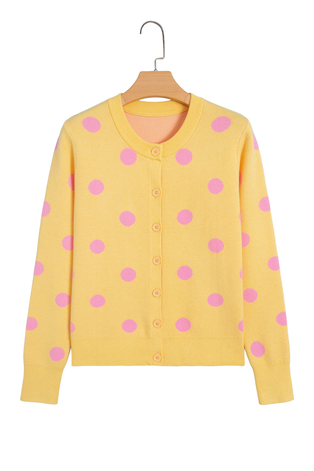Yellow Cream Casual Polka Dot Button Front Long Sleeve Sweater Cardigan-Sweaters & Cardigans/Cardigans-[Adult]-[Female]-2022 Online Blue Zone Planet