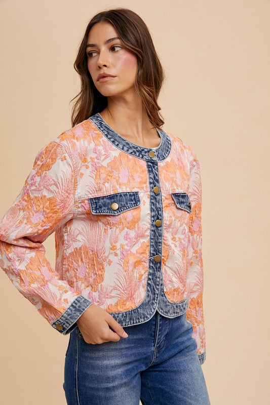 Annie Wear Floral Jacquard Denim Contrast Button Down Jacket-TOPS / DRESSES-[Adult]-[Female]-2022 Online Blue Zone Planet