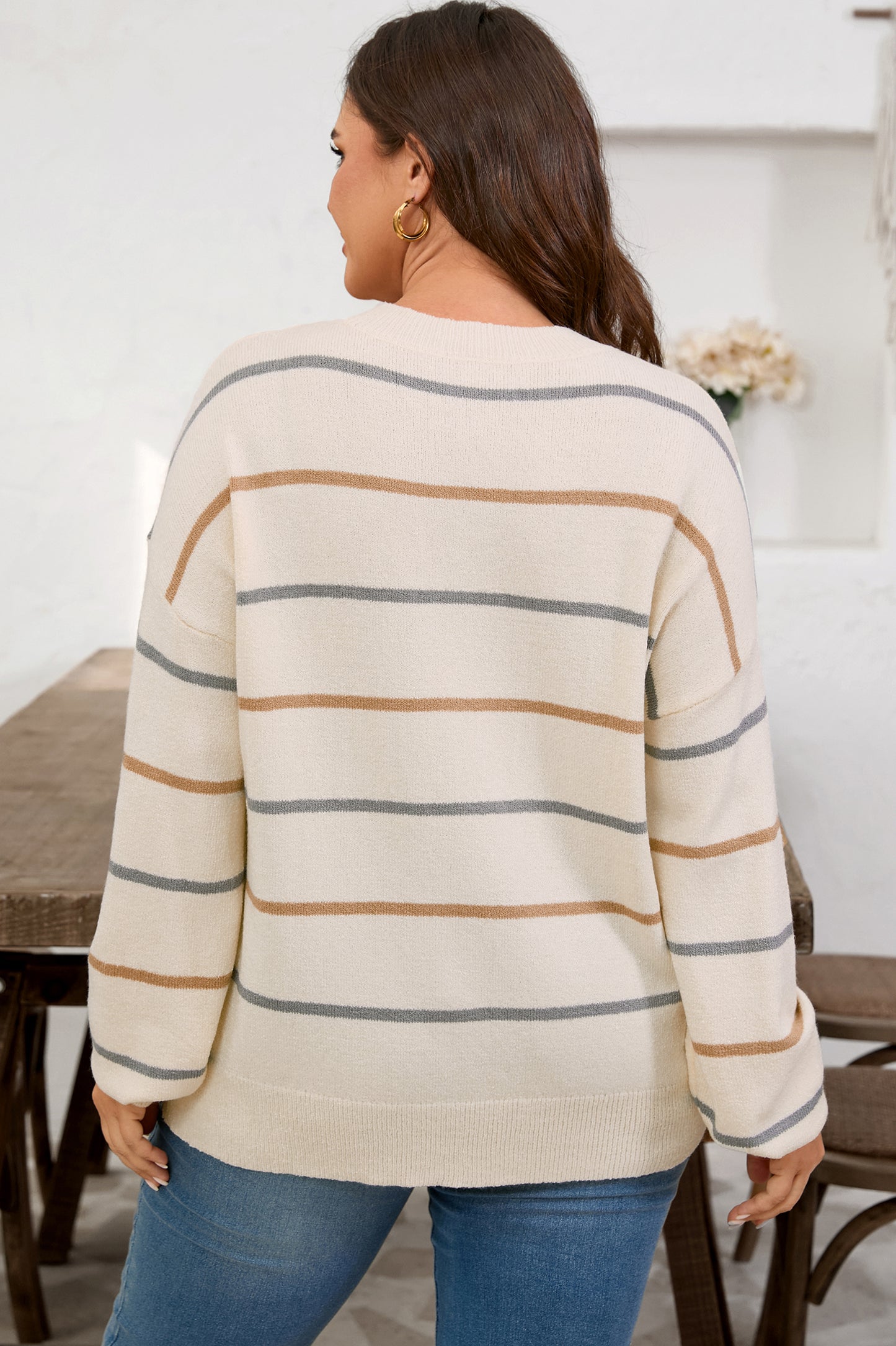 Multicolour Striped Drop Shoulder Plus Sweater-Plus Size/Plus Size Sweaters & Cardigans-[Adult]-[Female]-2022 Online Blue Zone Planet