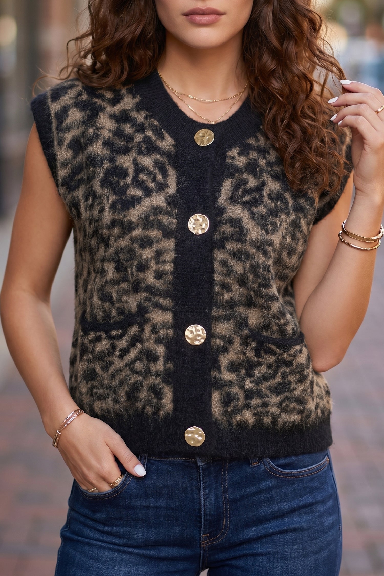 Pink Leopard Print Knit Sleeveless Regular Wash Sweater Vest-Sweaters & Cardigans/Sweater Vests-[Adult]-[Female]-2022 Online Blue Zone Planet