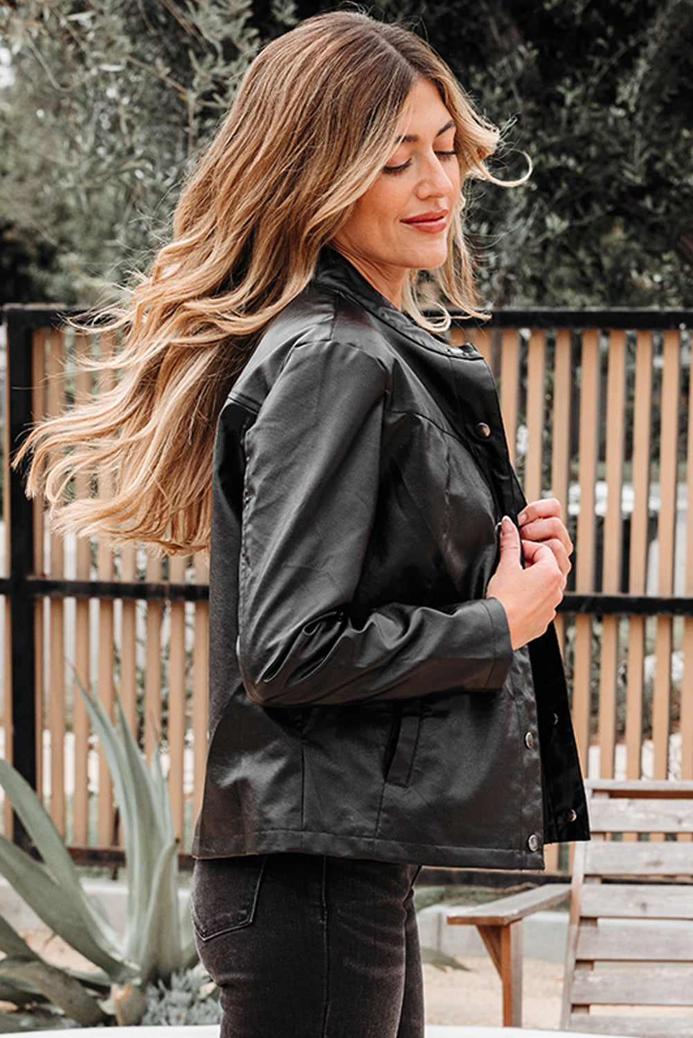 Black Faux Leather Buttoned Front Boxy Jacket-Outerwear/Jackets-[Adult]-[Female]-2022 Online Blue Zone Planet