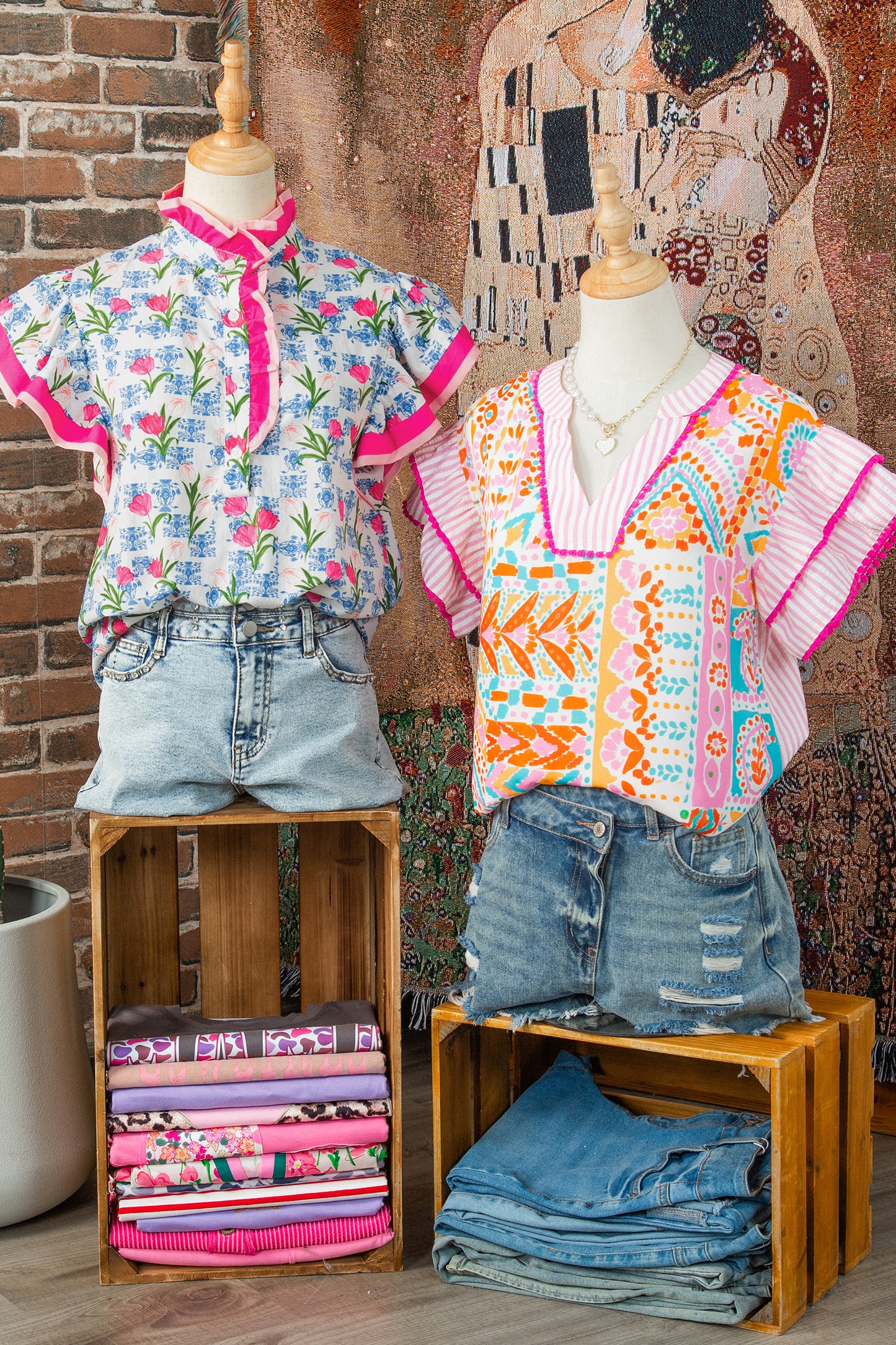 Rose Floral Print Color Block Striped Trim Flutter Sleeve Half Button Blouse-Tops/Blouses & Shirts-[Adult]-[Female]-2022 Online Blue Zone Planet