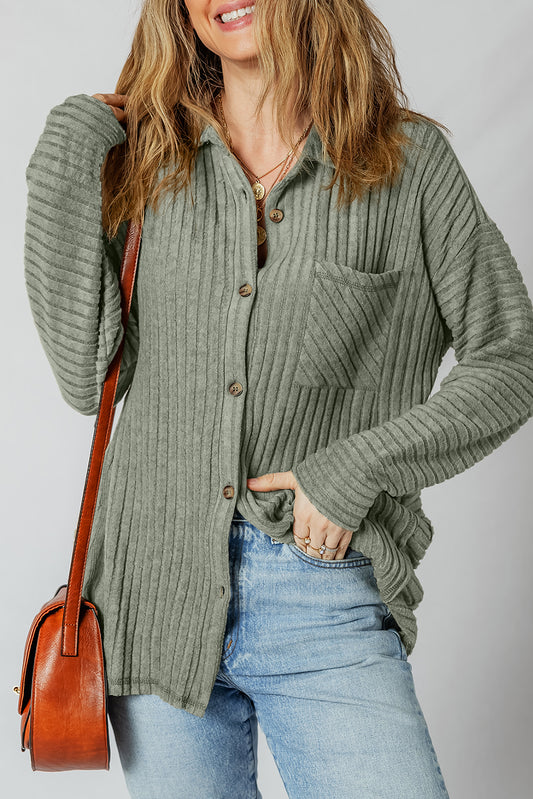 Mist Green Thermal Ribbed Texture Drop Shoulder Button Up Shacket-Outerwear/Jackets-[Adult]-[Female]-Mist Green-S-2022 Online Blue Zone Planet