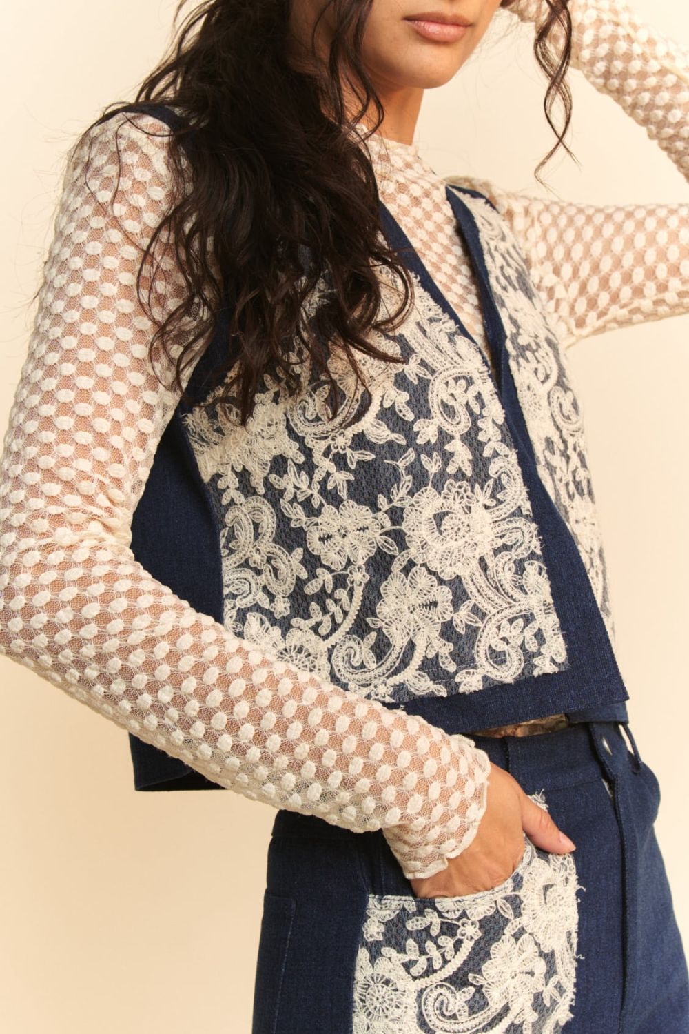 Davi & Dani Lace Patch Open Front Denim Vest-TOPS / DRESSES-[Adult]-[Female]-Dark-S-2022 Online Blue Zone Planet