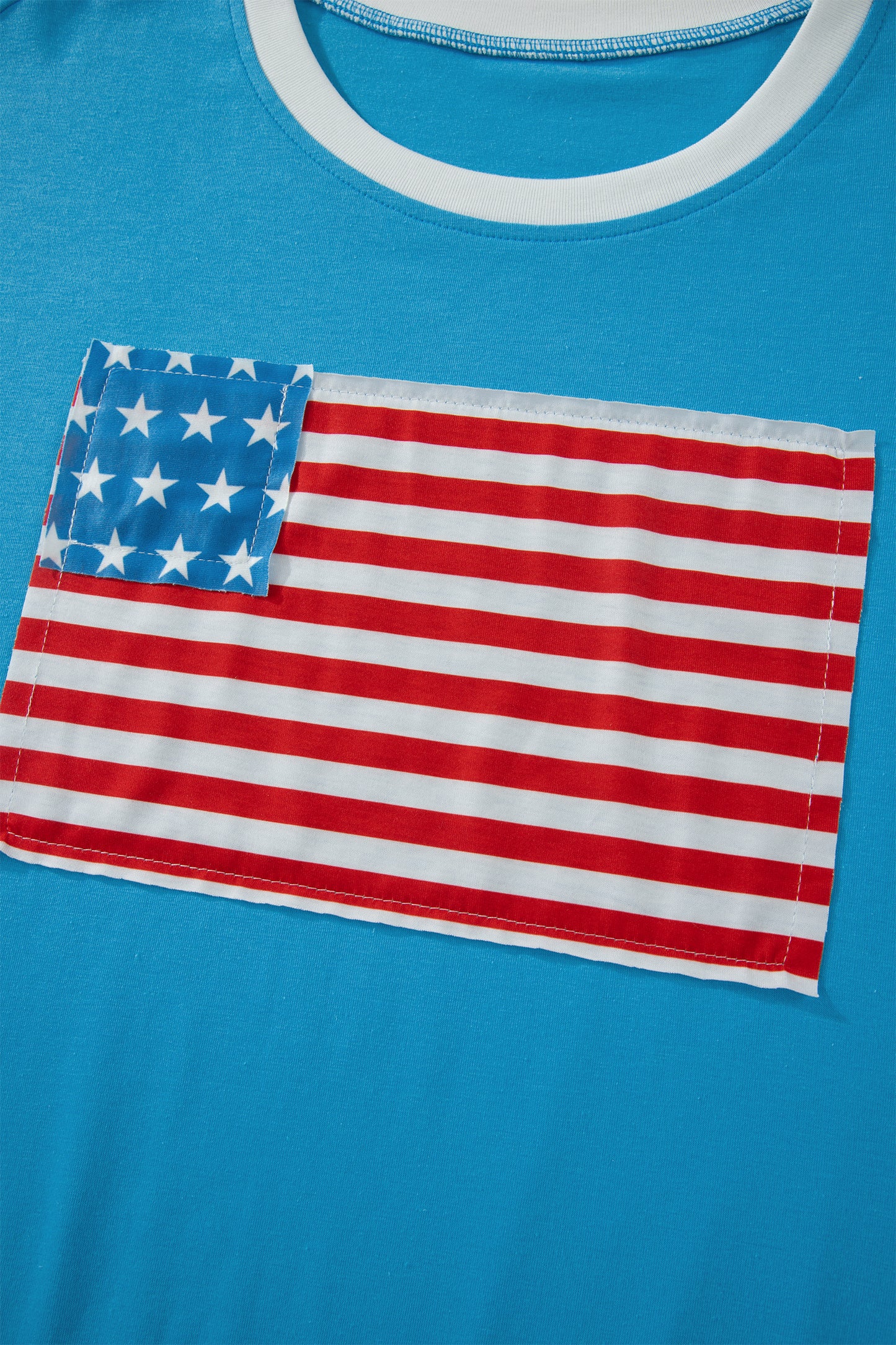 Light Blue Flag Print Patchwork Colorblock July 4th T Shirt-Tops/Tops & Tees-[Adult]-[Female]-2022 Online Blue Zone Planet