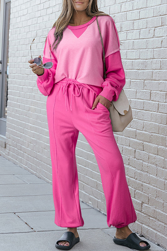 Bonbon Contrast Patchwork Pullover and Drawstring Joggers Set-Two Piece Sets/Pant Sets-[Adult]-[Female]-Bonbon-S-2022 Online Blue Zone Planet