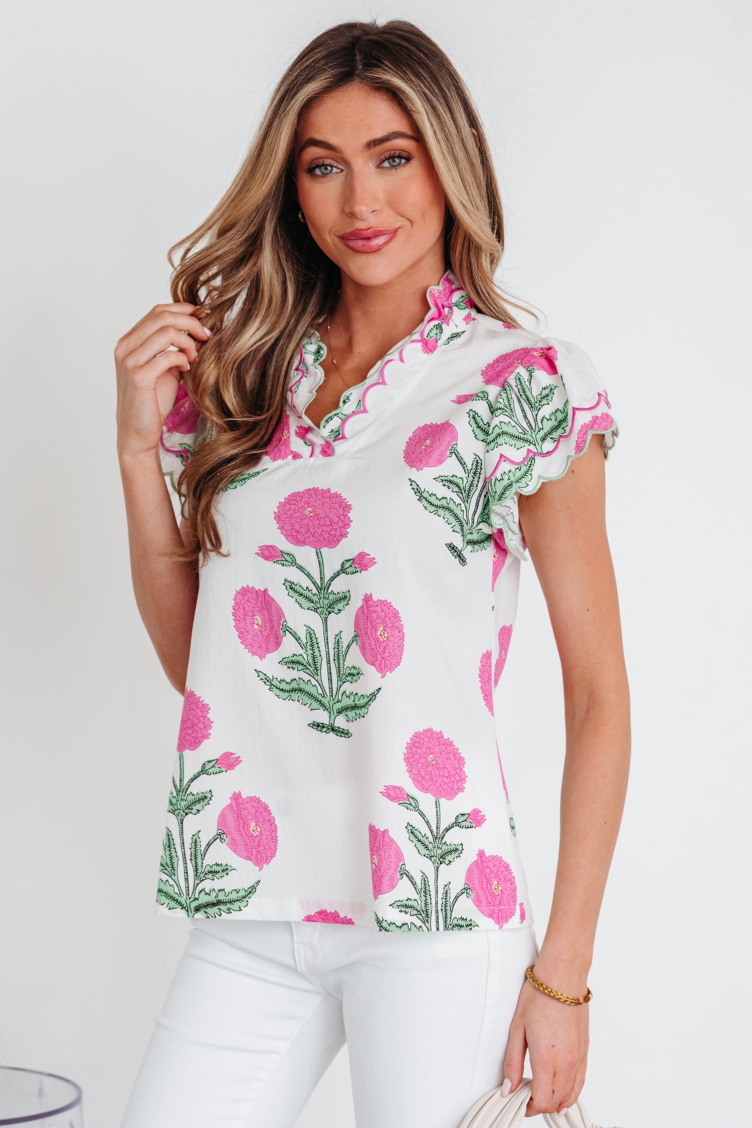 Pink Wild Flower Print Contrast Trim Scallop Detail Short Sleeve Blouse-Tops/Blouses & Shirts-[Adult]-[Female]-2022 Online Blue Zone Planet