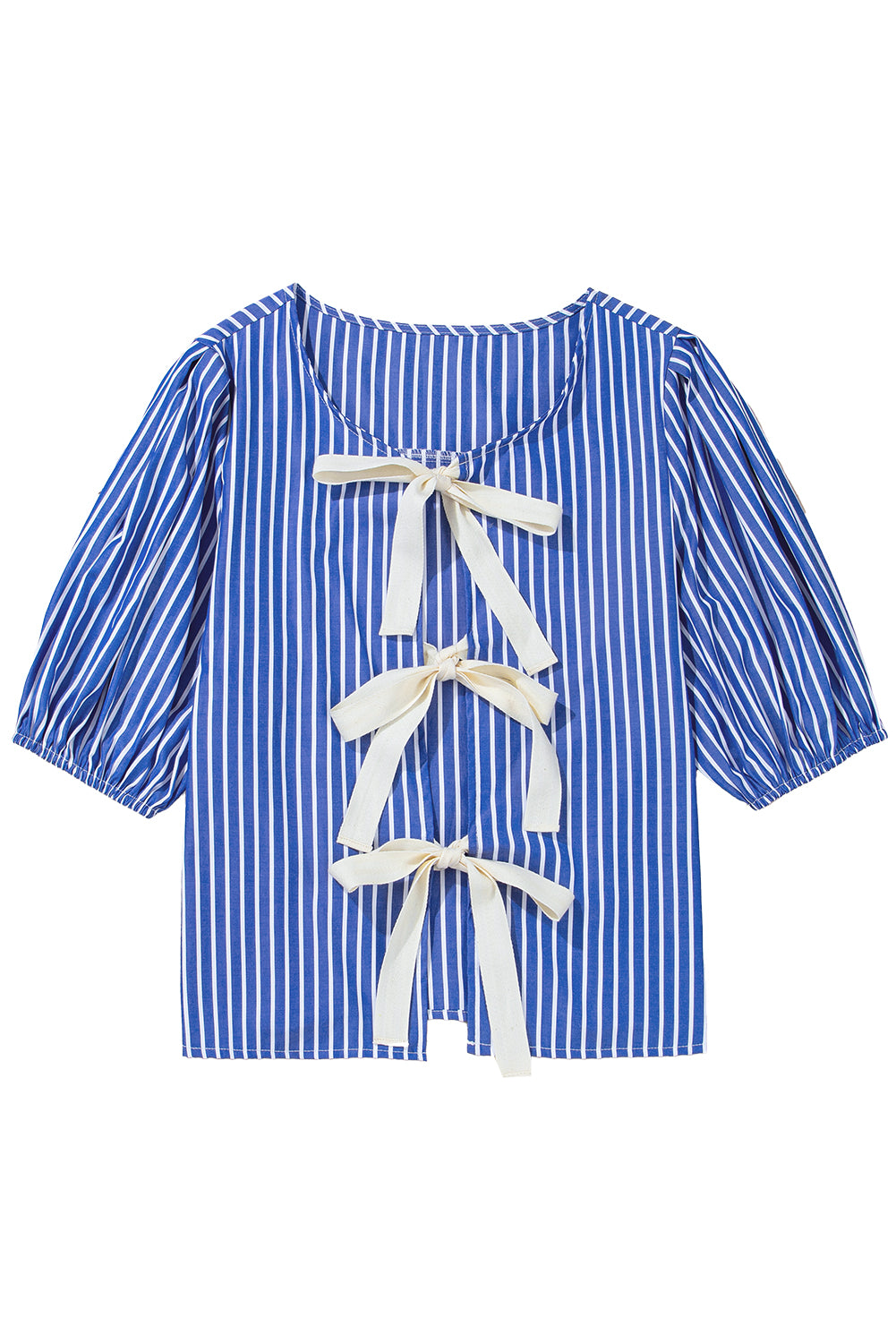 Blue Stripe Bow Tie Front Puff Short Sleeve Blouse-Blouses-[Adult]-[Female]-2022 Online Blue Zone Planet