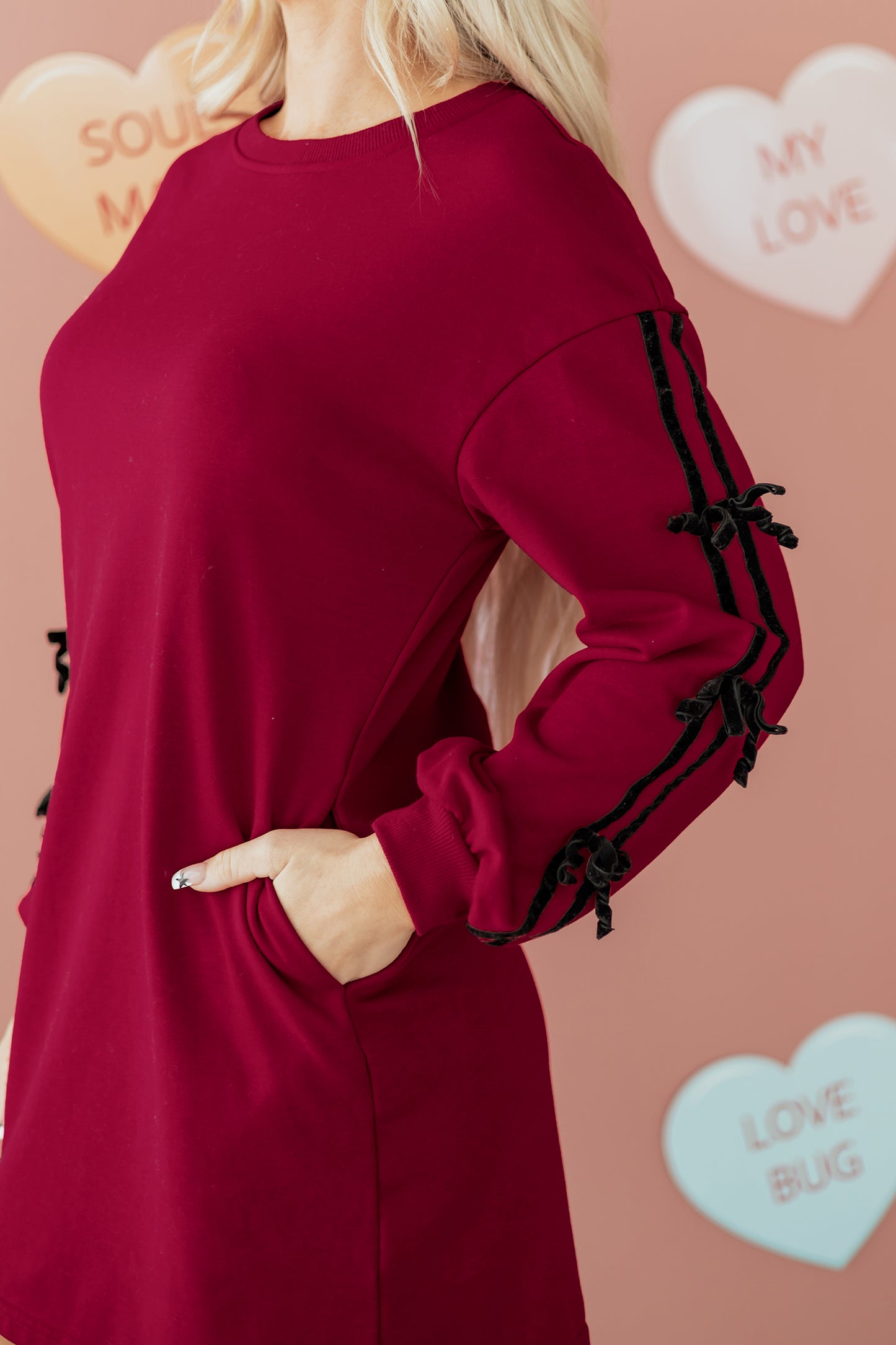 Racing Red Contrast Striped Bow Detail Drop Shoulder Sweatshirt Dress with Pockets-TOPS / DRESSES-[Adult]-[Female]-2022 Online Blue Zone Planet