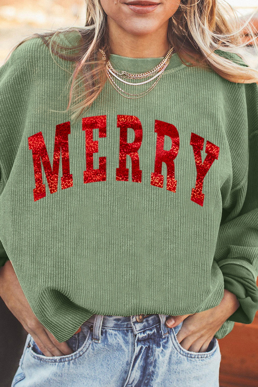 Grass Green Christmas MERRY Letter Printed Corded Baggy Sweatshirt-Graphic Sweatshirts-[Adult]-[Female]-2022 Online Blue Zone Planet