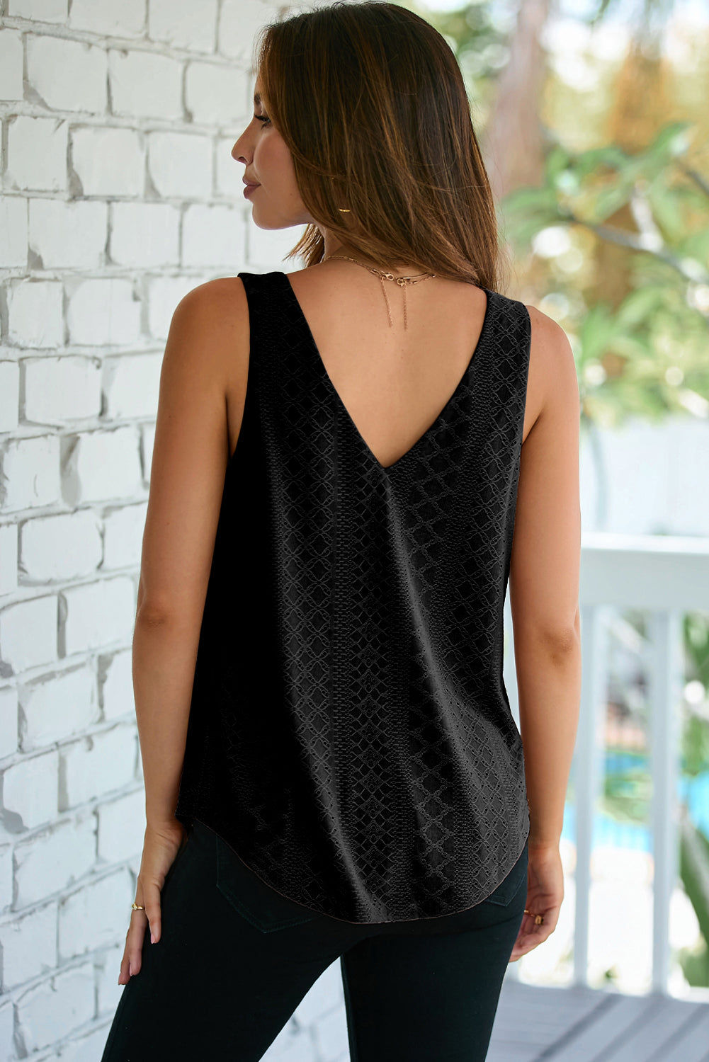 Black Eyelet Knit Patterned Loose V Neck Tank Top-Tops/Tank Tops-[Adult]-[Female]-2022 Online Blue Zone Planet