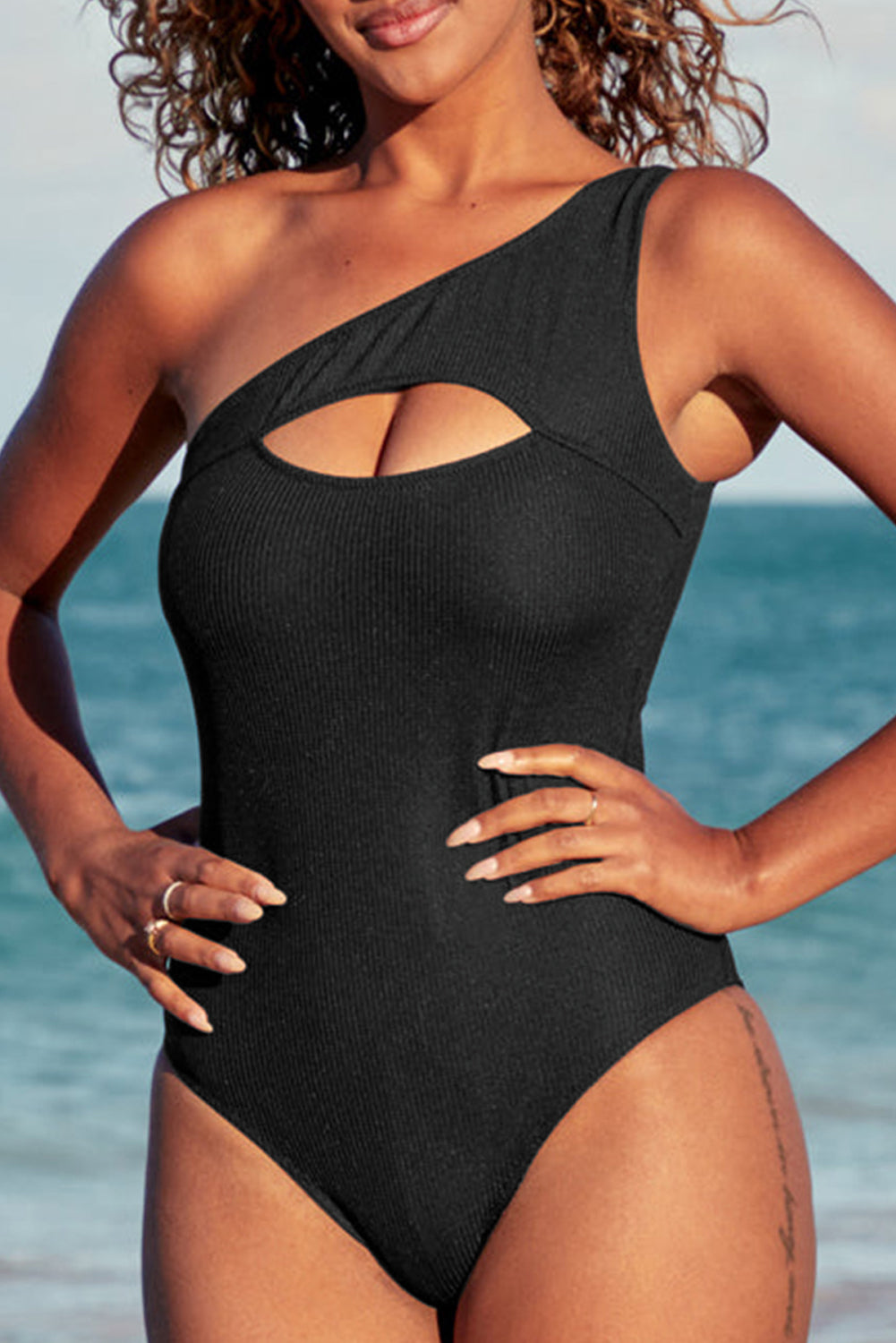 Blue Zone Planet |  Black Ribbed One Shoulder Hollowed One Piece Swimsuit Blue Zone Planet