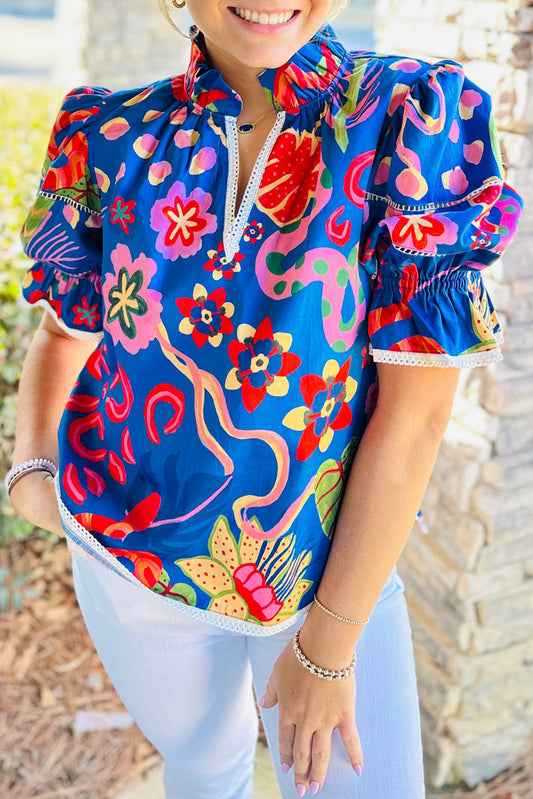 Blue Abstract Print Frilled Collar Ruffled Puff Short Sleeve Top-Tops/Blouses & Shirts-[Adult]-[Female]-Blue-S-2022 Online Blue Zone Planet