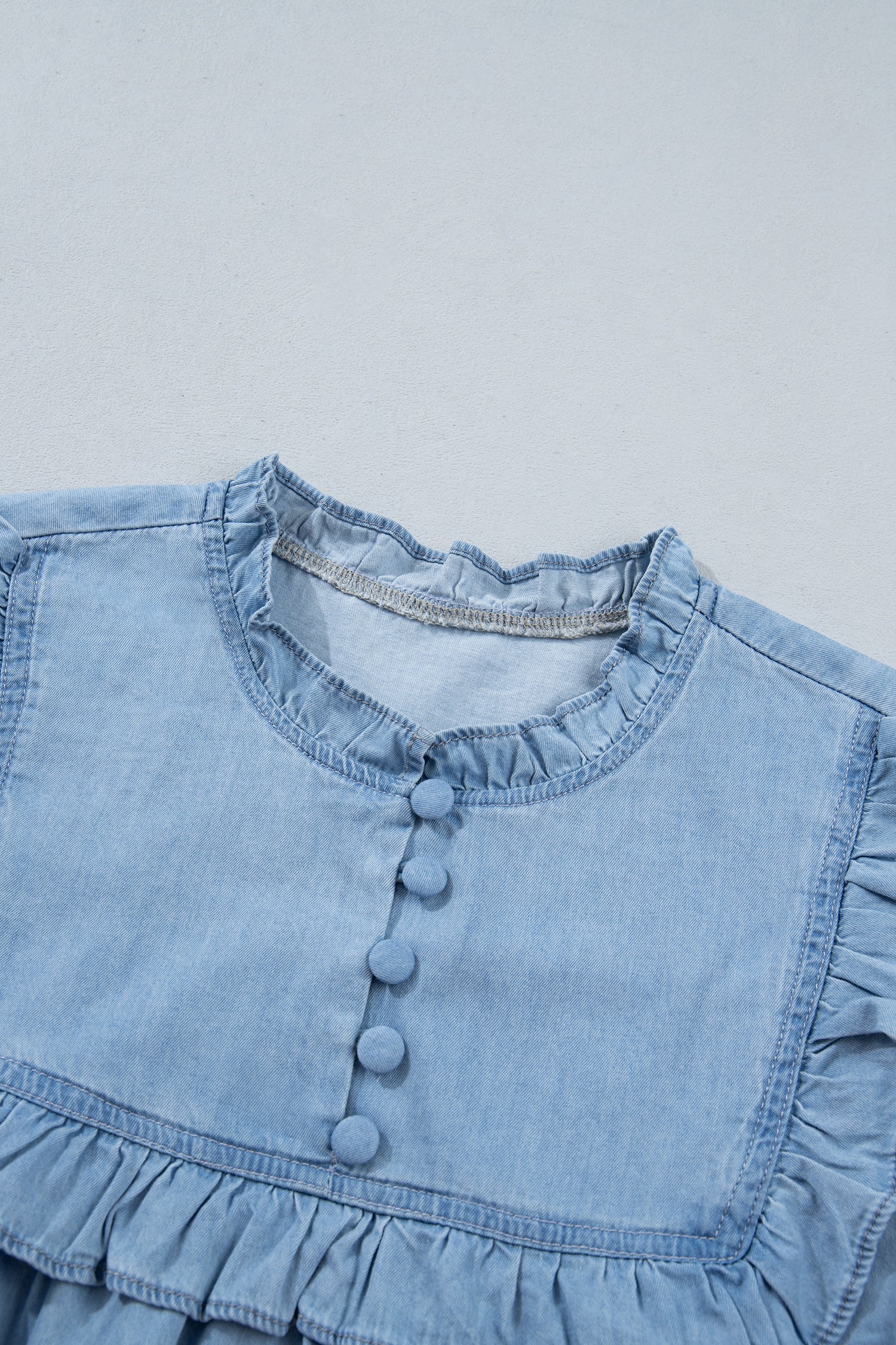 Beau Blue Western Ruffle V Neck Long Sleeve Chambray Blouse-Tops/Blouses & Shirts-[Adult]-[Female]-2022 Online Blue Zone Planet
