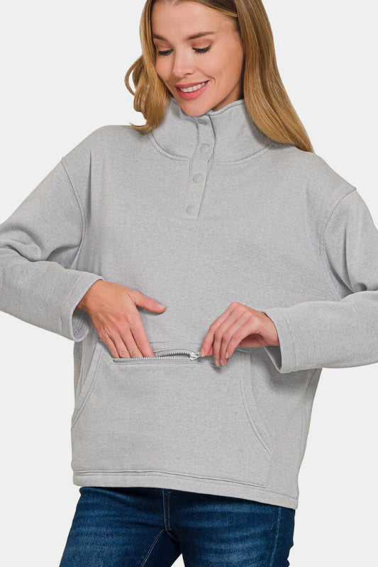 Zenana Turtleneck Half Snap Fleece Sweatshirt-TOPS / DRESSES-[Adult]-[Female]-Gray-S-2022 Online Blue Zone Planet