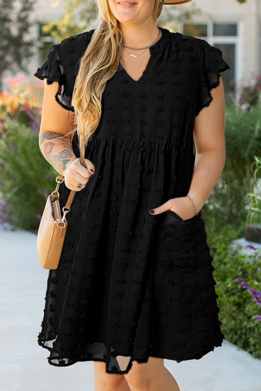 Black Dotty Textured Notched Neck Plus Ruffled Dress-TOPS / DRESSES-[Adult]-[Female]-2022 Online Blue Zone Planet