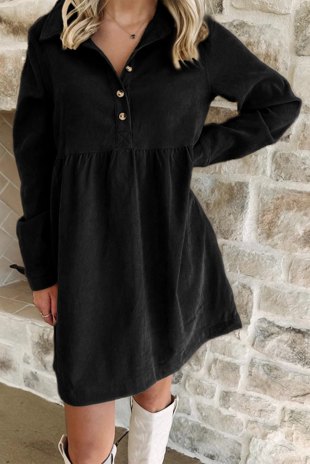 Vineyard Green Corduroy Half Button Collared Long Sleeve Mini Dress-Dresses/Mini Dresses-[Adult]-[Female]-Black-S-2022 Online Blue Zone Planet