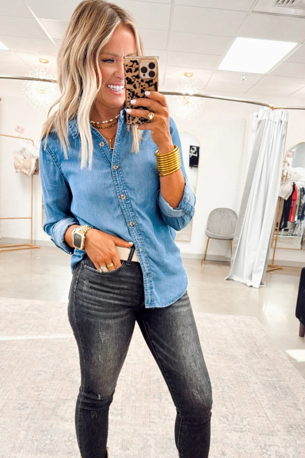 Myosotis Buttoned Down Slim Denim Shirt-Tops/Blouses & Shirts-[Adult]-[Female]-2022 Online Blue Zone Planet
