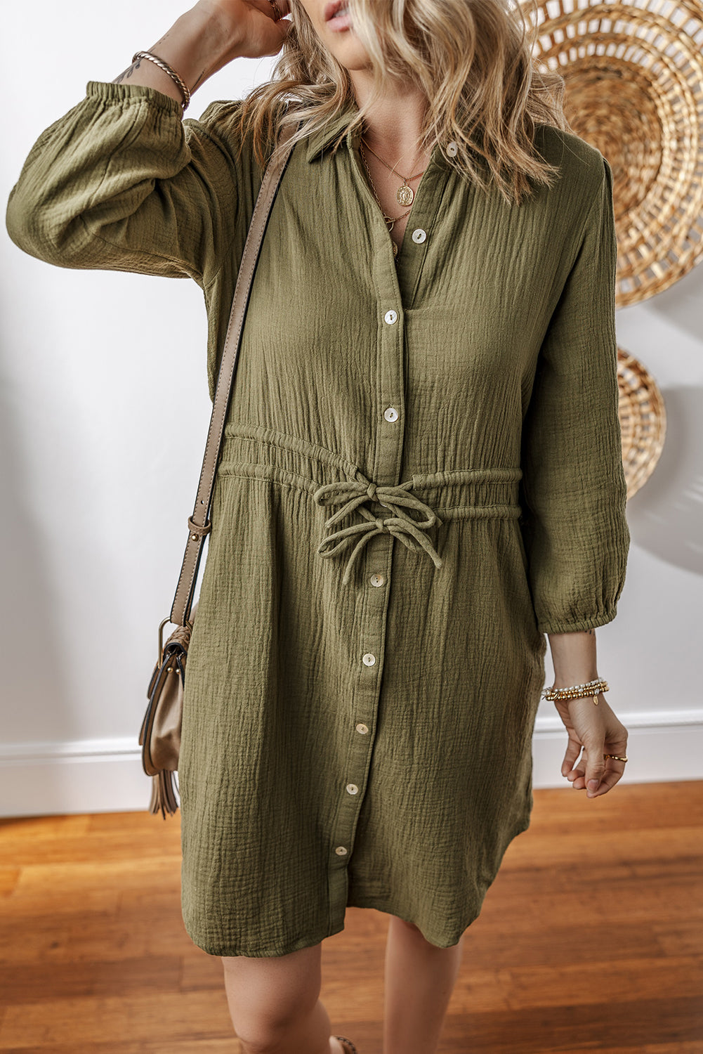 Jungle Green Textured Bracelet Sleeve Collared Button Up Dual Tied Mini Dress-Dresses/Mini Dresses-[Adult]-[Female]-2022 Online Blue Zone Planet