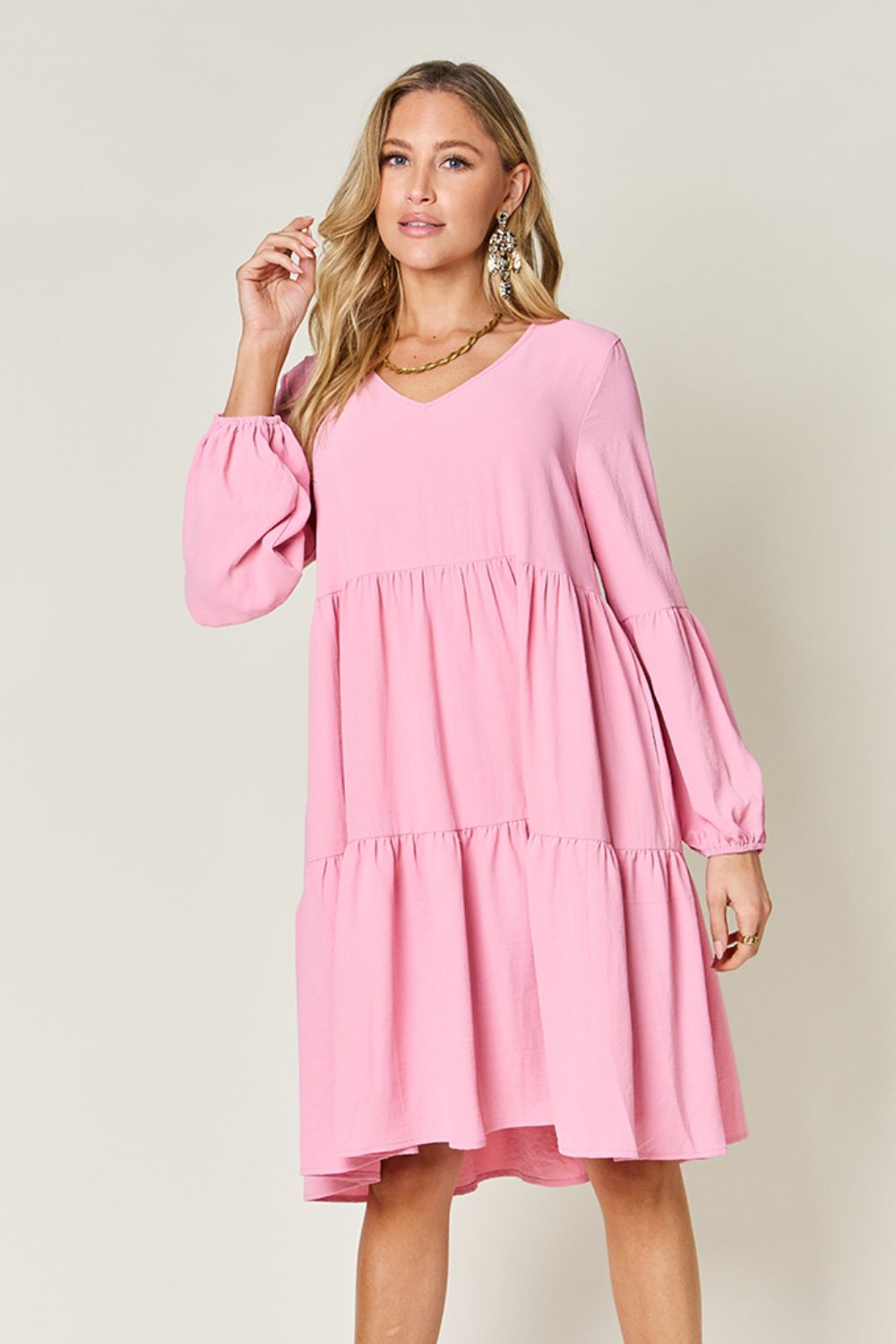 Blue Zone Planet | Double Take Full Size V-Neck Balloon Sleeve Tiered Dress-TOPS / DRESSES-[Adult]-[Female]-Pink-S-2022 Online Blue Zone Planet