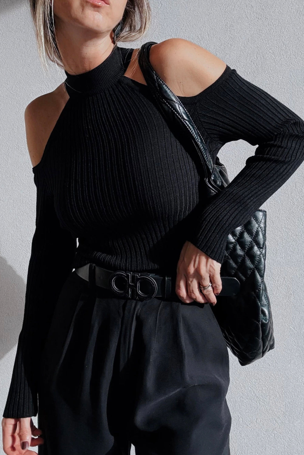 Black Ribbed Knit Cold Shoulder Choker Neck Sweater-TOPS / DRESSES-[Adult]-[Female]-2022 Online Blue Zone Planet