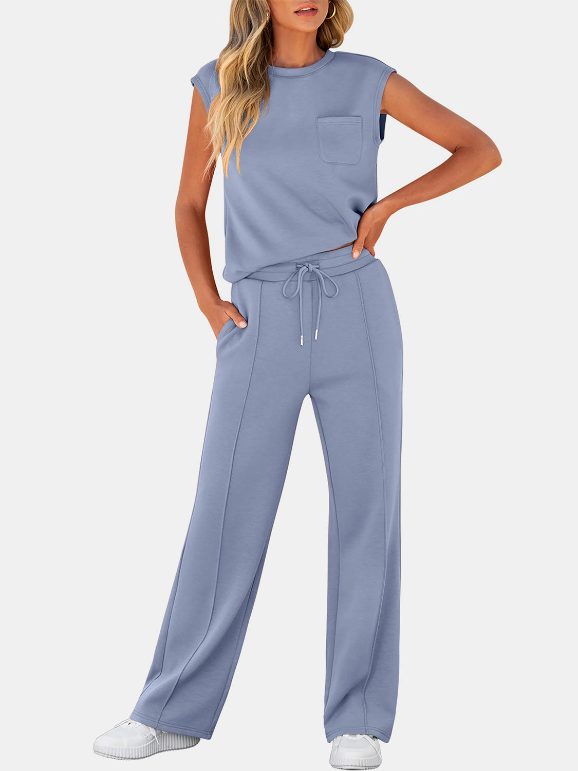 Full Size Round Neck Top and Drawstring Pants Set-TOPS / DRESSES-[Adult]-[Female]-Light Blue-S-2022 Online Blue Zone Planet