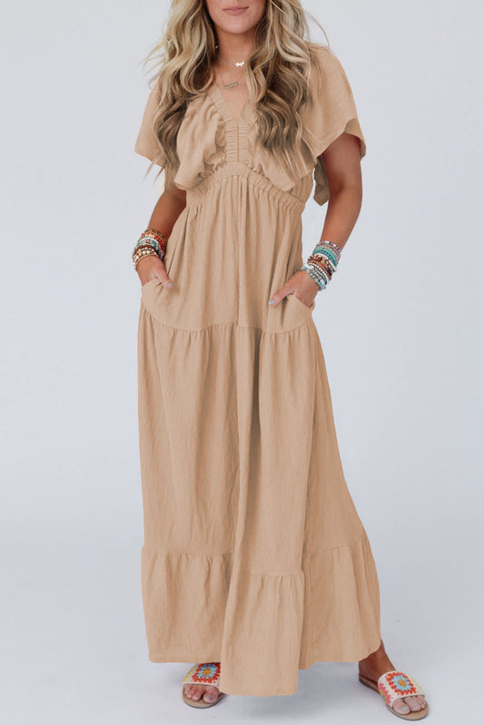 Parchment Textured V Neck Flutter Sleeve Ruffled Maxi Dress-Dresses/Maxi Dresses-[Adult]-[Female]-Parchment-S-2022 Online Blue Zone Planet
