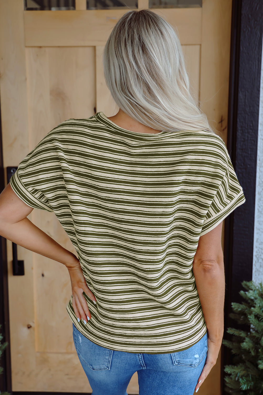 Green Stripe Textured Side Slits Crew Neck T Shirt-Tops/Tops & Tees-[Adult]-[Female]-2022 Online Blue Zone Planet