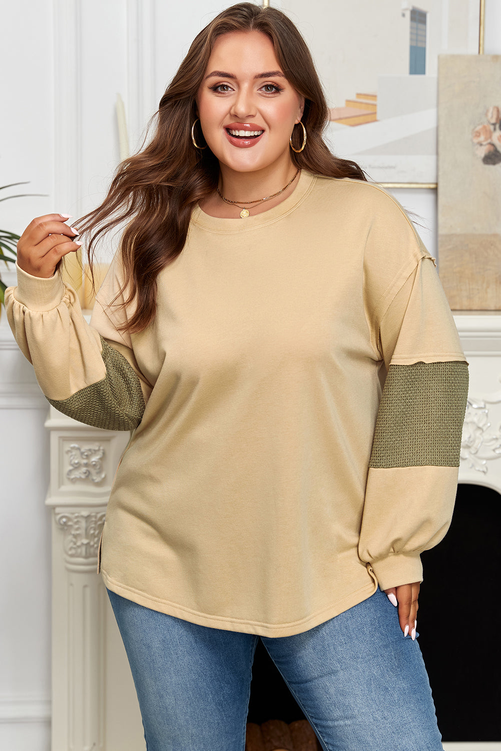 Laurel Green Exposed Seam Contrast Texture Patchwork Plus Size Drop Shoulder Pullover-Plus Size/Plus Size Tops/Plus Size Long Sleeve Tops-[Adult]-[Female]-2022 Online Blue Zone Planet