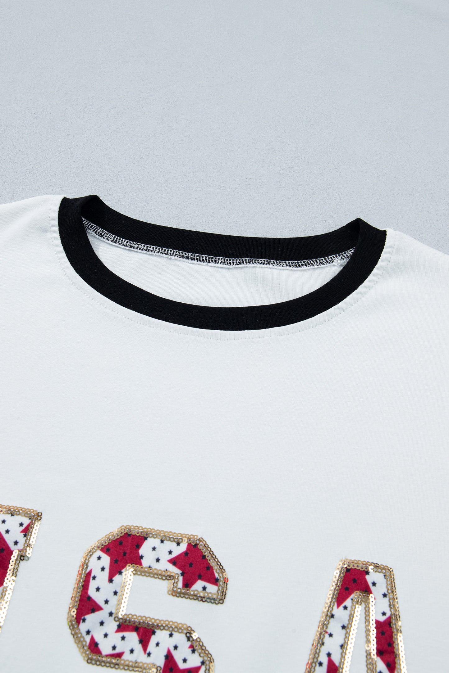 White Usa Sequin Color Block Trim Loose T Shirt-Tops/Tops & Tees-[Adult]-[Female]-2022 Online Blue Zone Planet