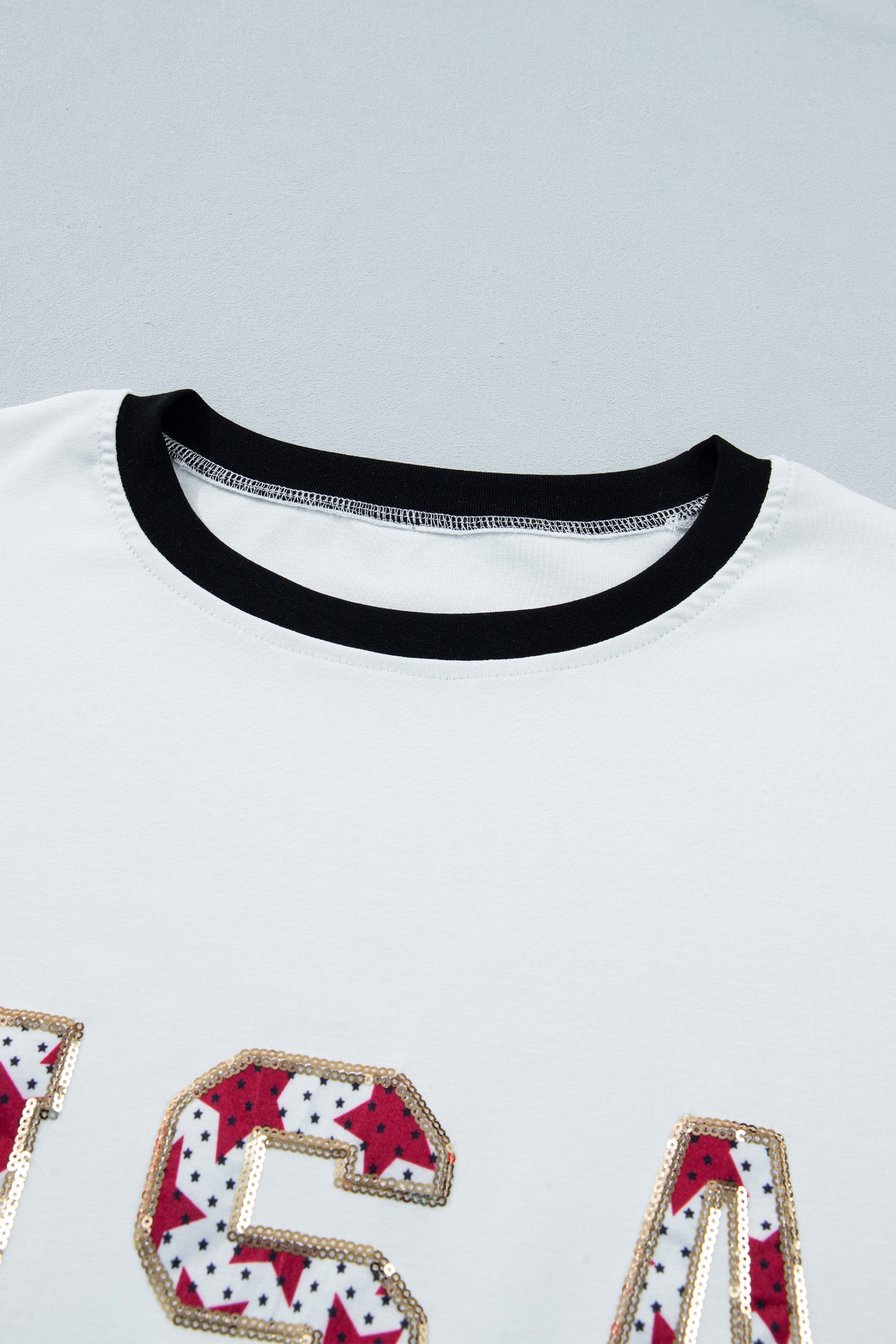 White Usa Sequin Color Block Trim Loose T Shirt-Tops/Tops & Tees-[Adult]-[Female]-2022 Online Blue Zone Planet