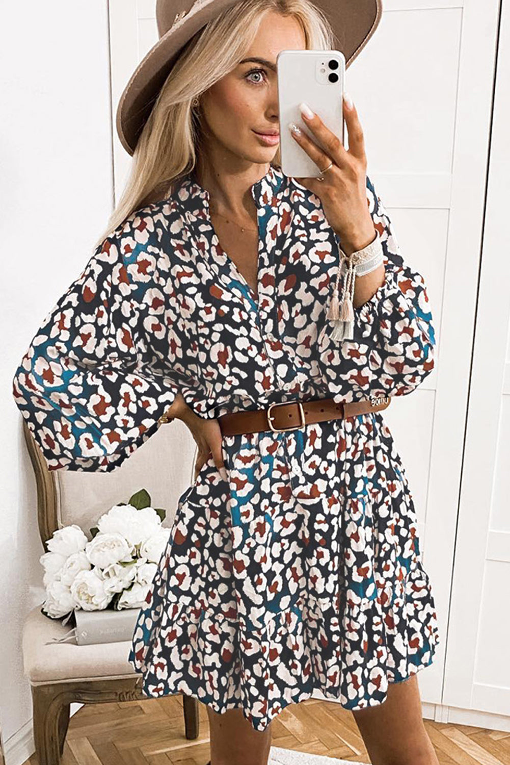 Blue Zone Planet | Blue Leopard Print Bubble Sleeve Ruffled Shirt Dress-TOPS / DRESSES-[Adult]-[Female]-2022 Online Blue Zone Planet