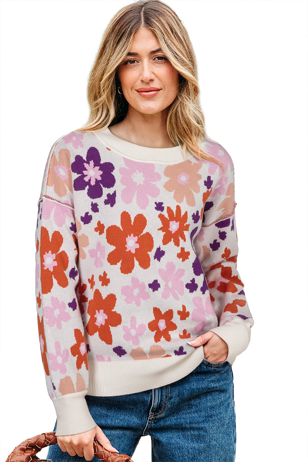 Khaki Fall Floral Pattern Drop Shoulder Sweater-TOPS / DRESSES-[Adult]-[Female]-2022 Online Blue Zone Planet
