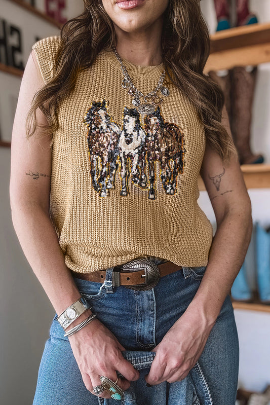 Parchment Sequin Horse Graphic Lightweight Knitted Sweater Vest-TOPS / DRESSES-[Adult]-[Female]-Parchment-S-2022 Online Blue Zone Planet
