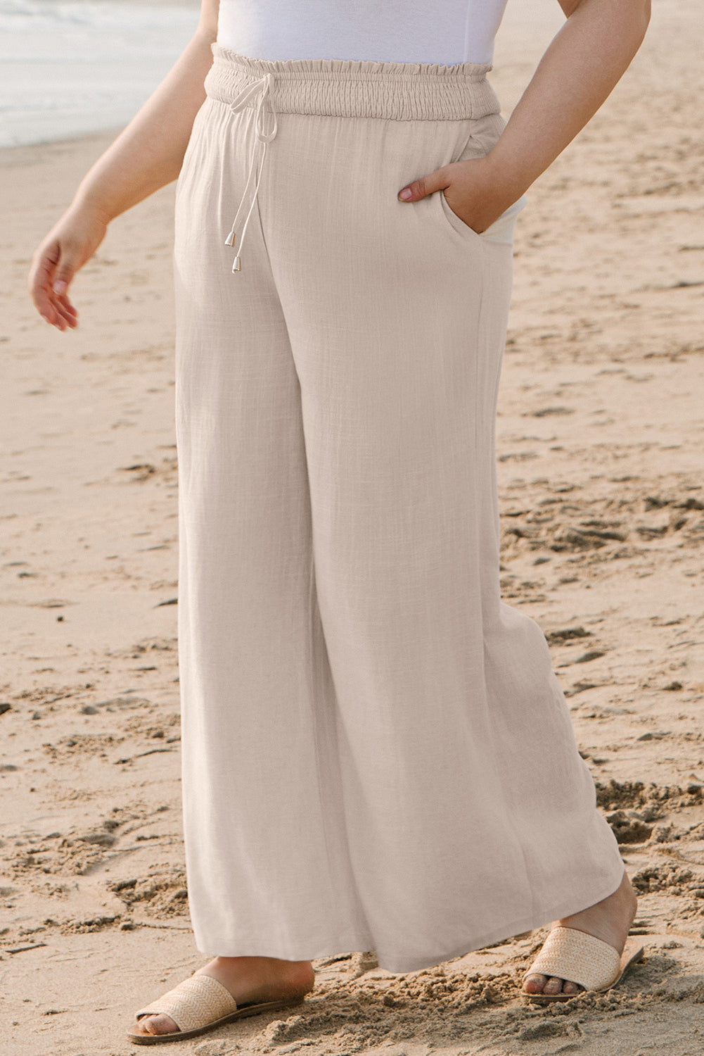 Blue Zone Planet | Beige Smocked High Waist Wide Leg Plus Size Pants-Plus Size/Plus Size Bottoms-[Adult]-[Female]-2022 Online Blue Zone Planet