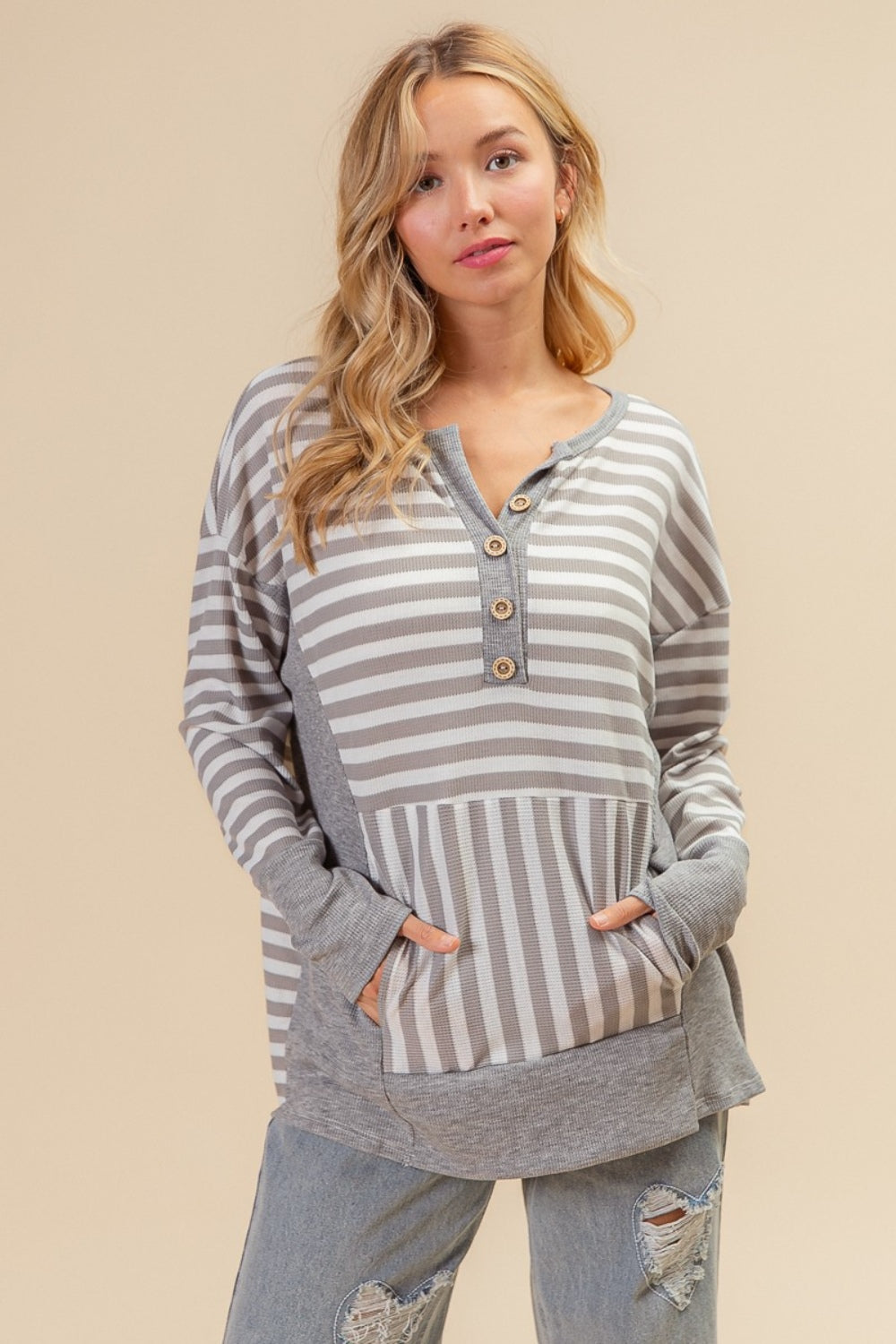 BiBi Striped Thumbhole Long Sleeve Top-TOPS / DRESSES-[Adult]-[Female]-2022 Online Blue Zone Planet