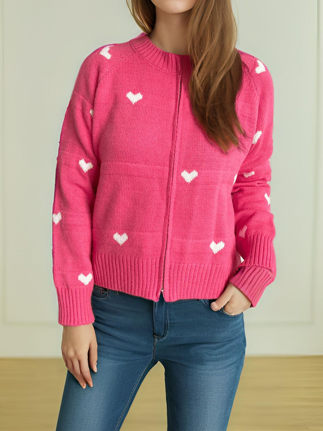 Heart Round Neck Zip Up Cardigan-NEW ARRIVALS-[Adult]-[Female]-Hot Pink-One Size-2022 Online Blue Zone Planet