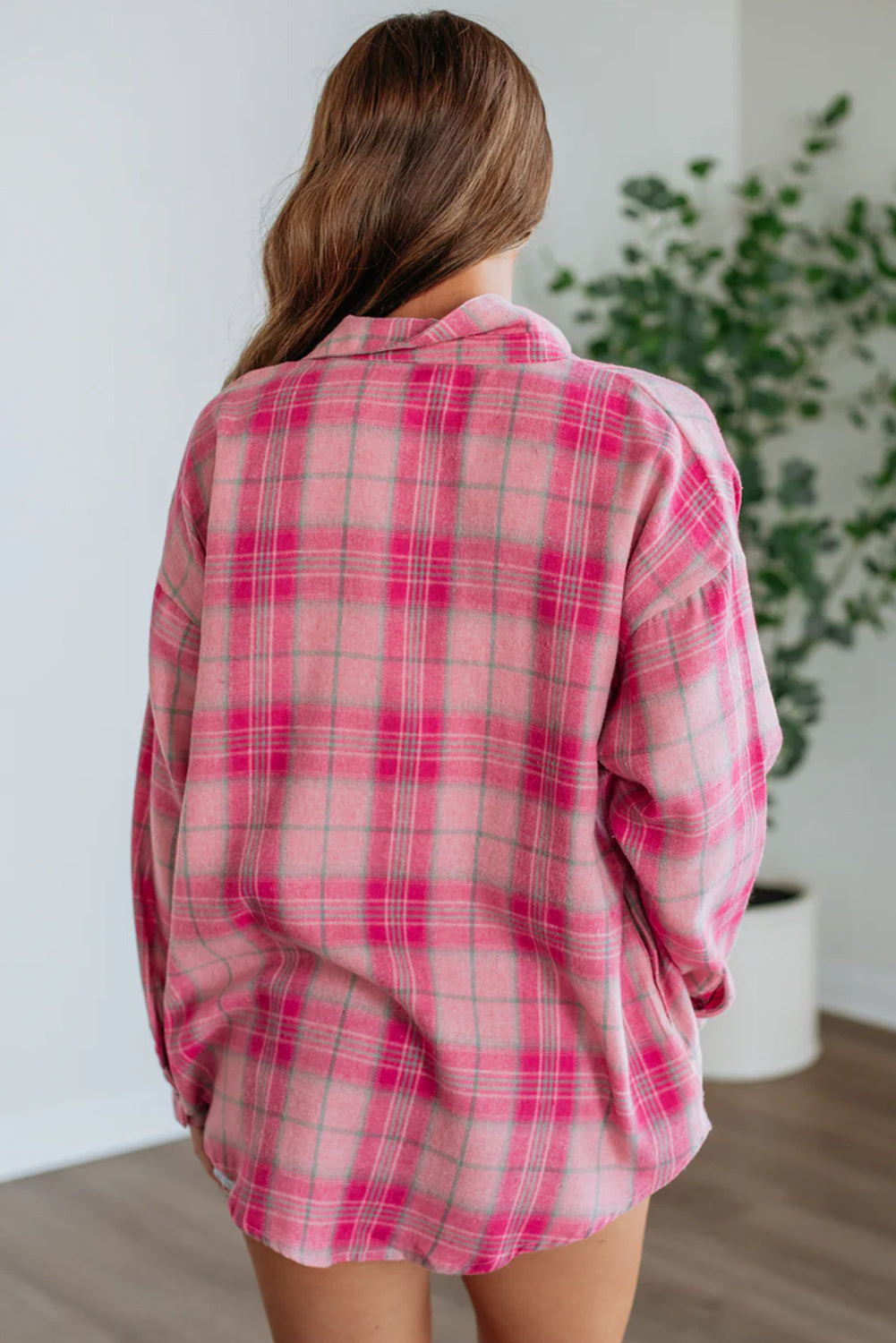 Sachet Pink Plaid Print Rounded Hem Long Sleeve Shirt with Pockets-Tops/Blouses & Shirts-[Adult]-[Female]-2022 Online Blue Zone Planet