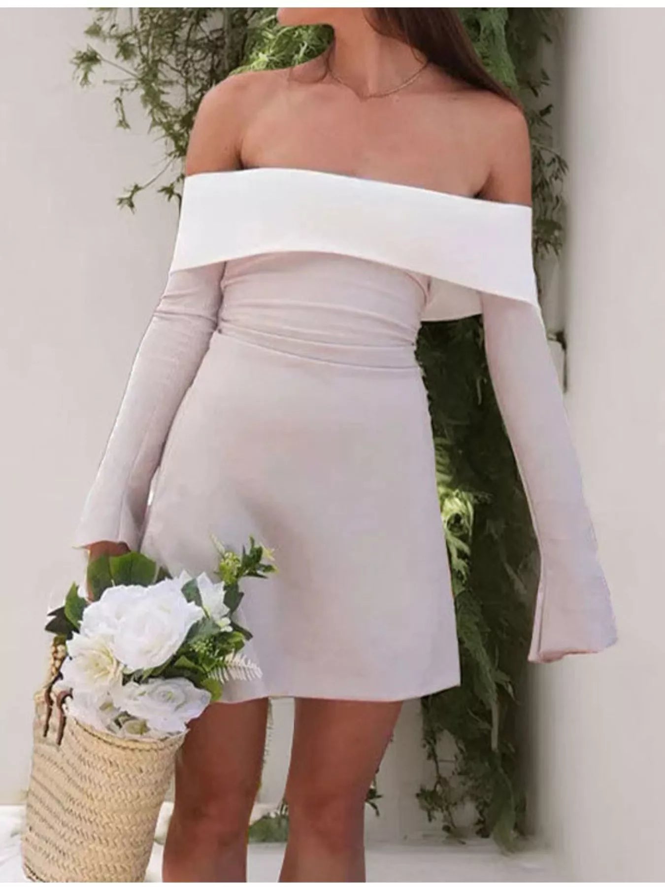 off shoulder flare mini dress Alfred Sung Satin Off-the-Shoulder Bow Corset Fit and Flare Mini Dress - D855 - White